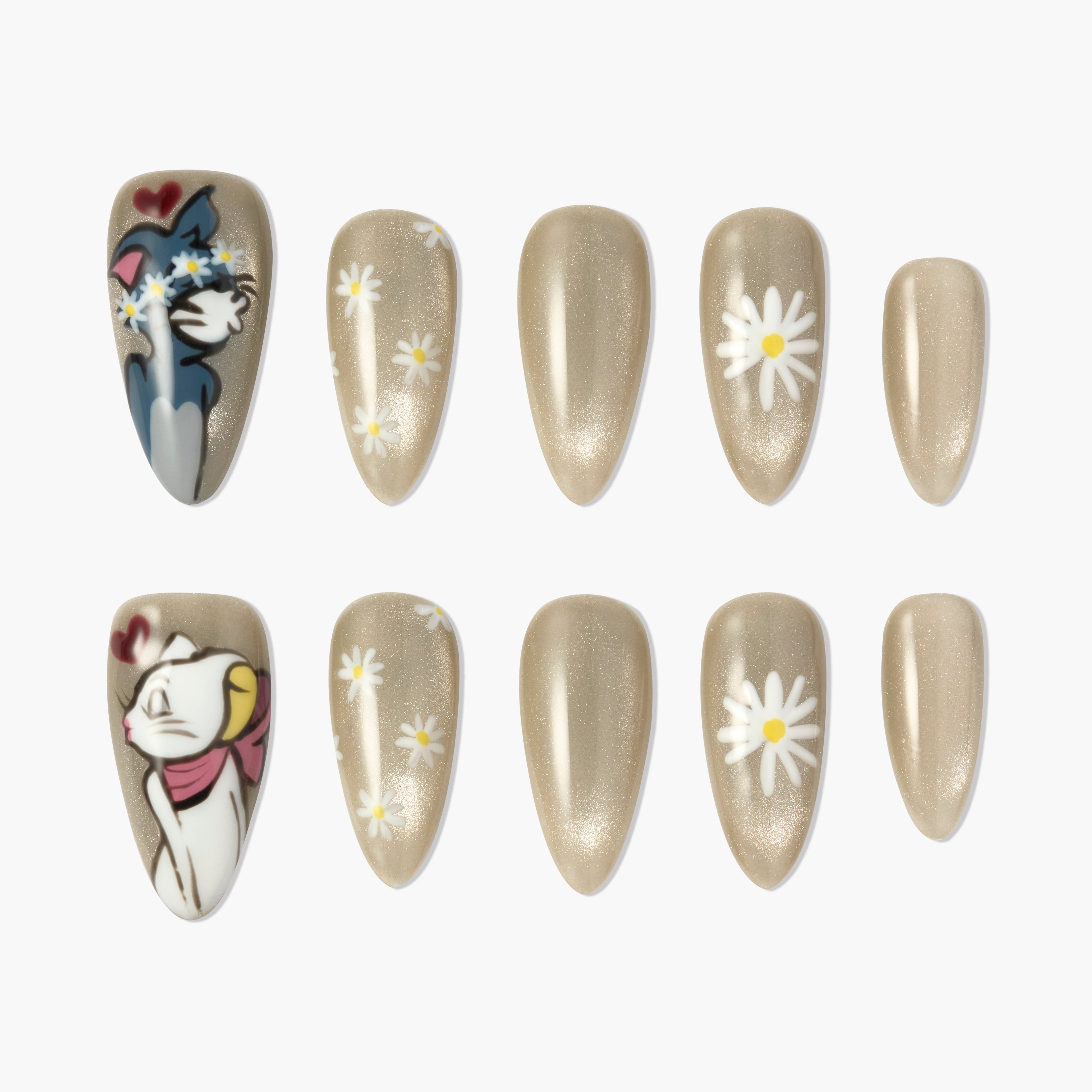 Beige glitter press-on nails with cartoon cat designs and white daisy floral accents