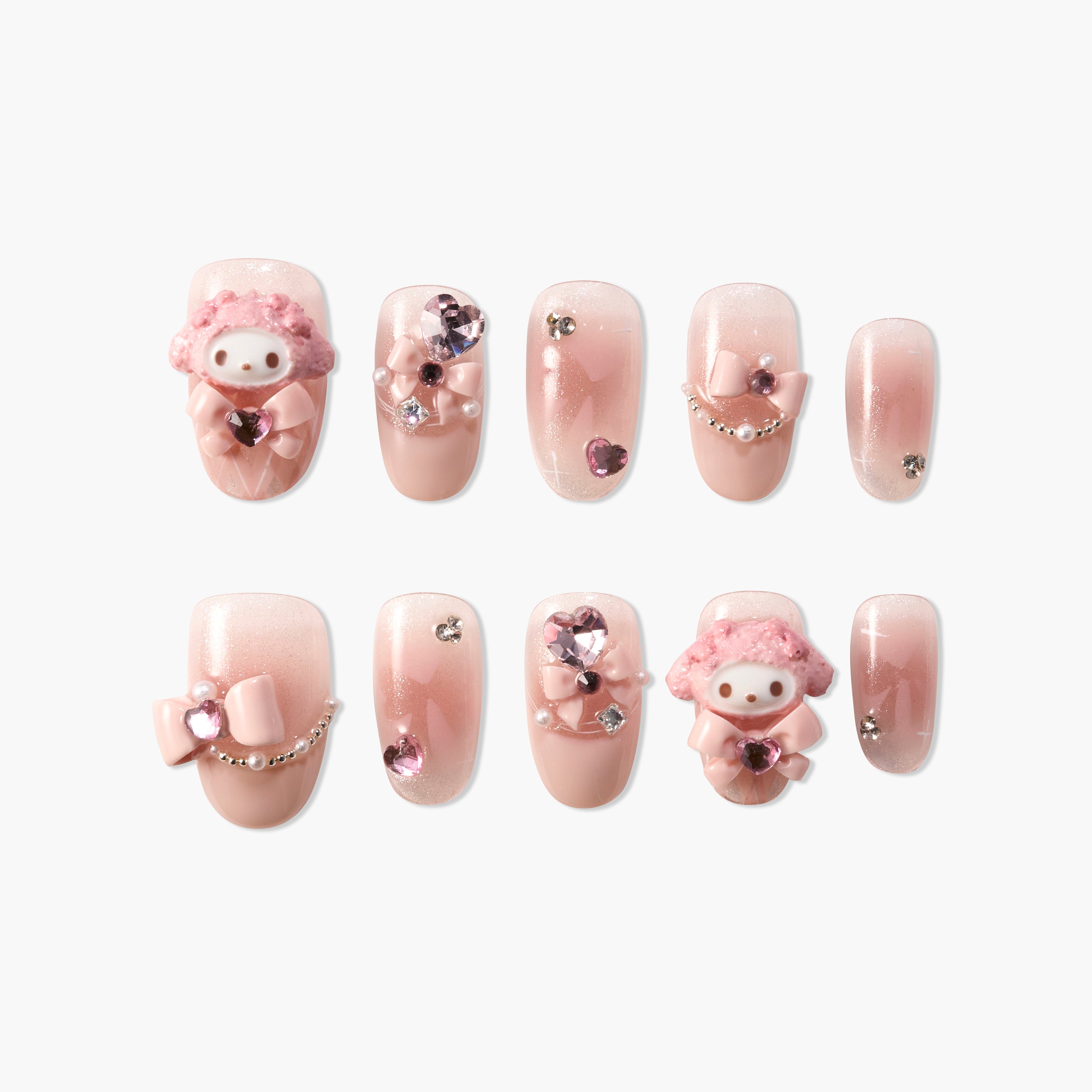 Pink glitter press-on nails with 3D bows, rhinestones, pearls, and My Melody character design