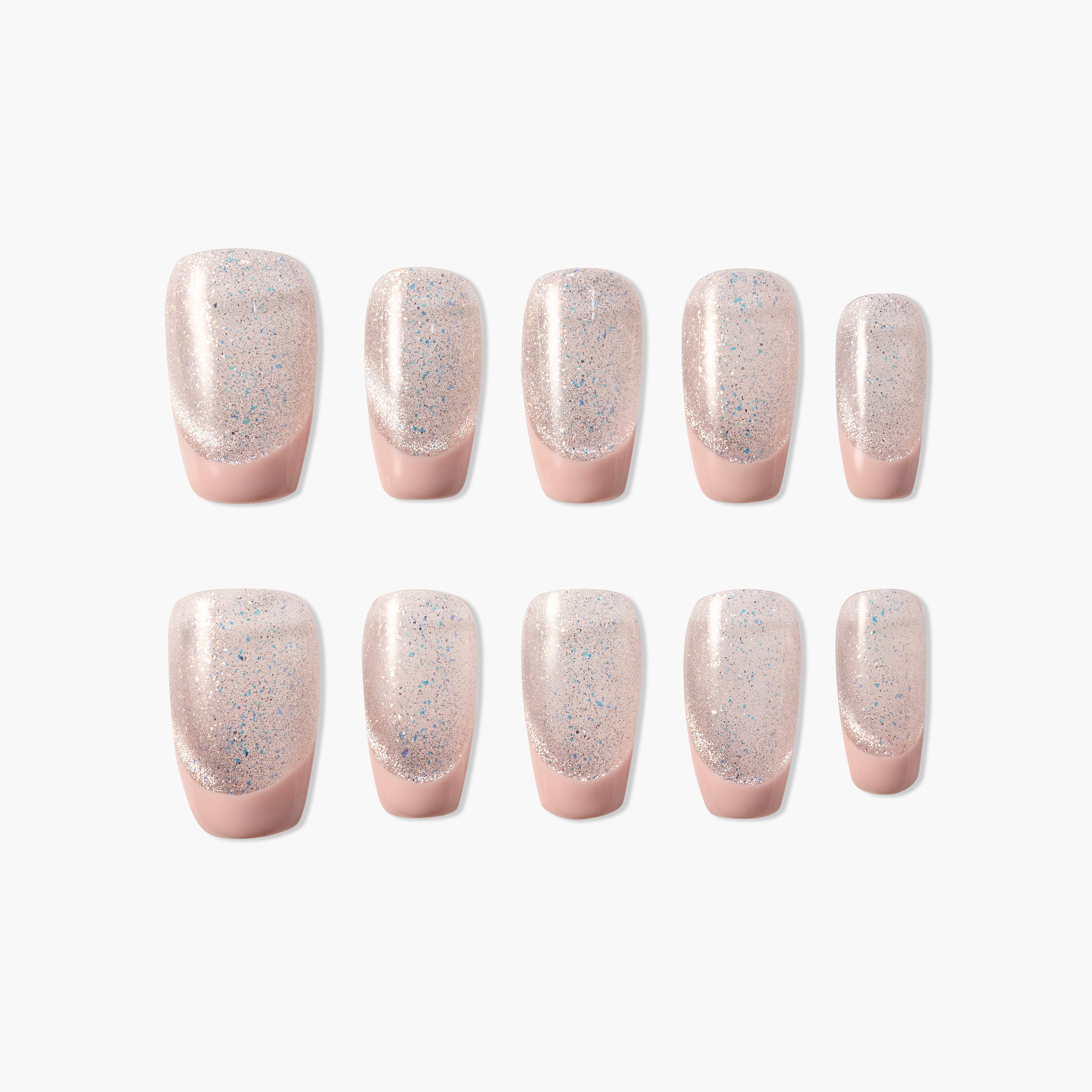 Set of 10 pink glitter press-on nails with blue specks displayed on white background