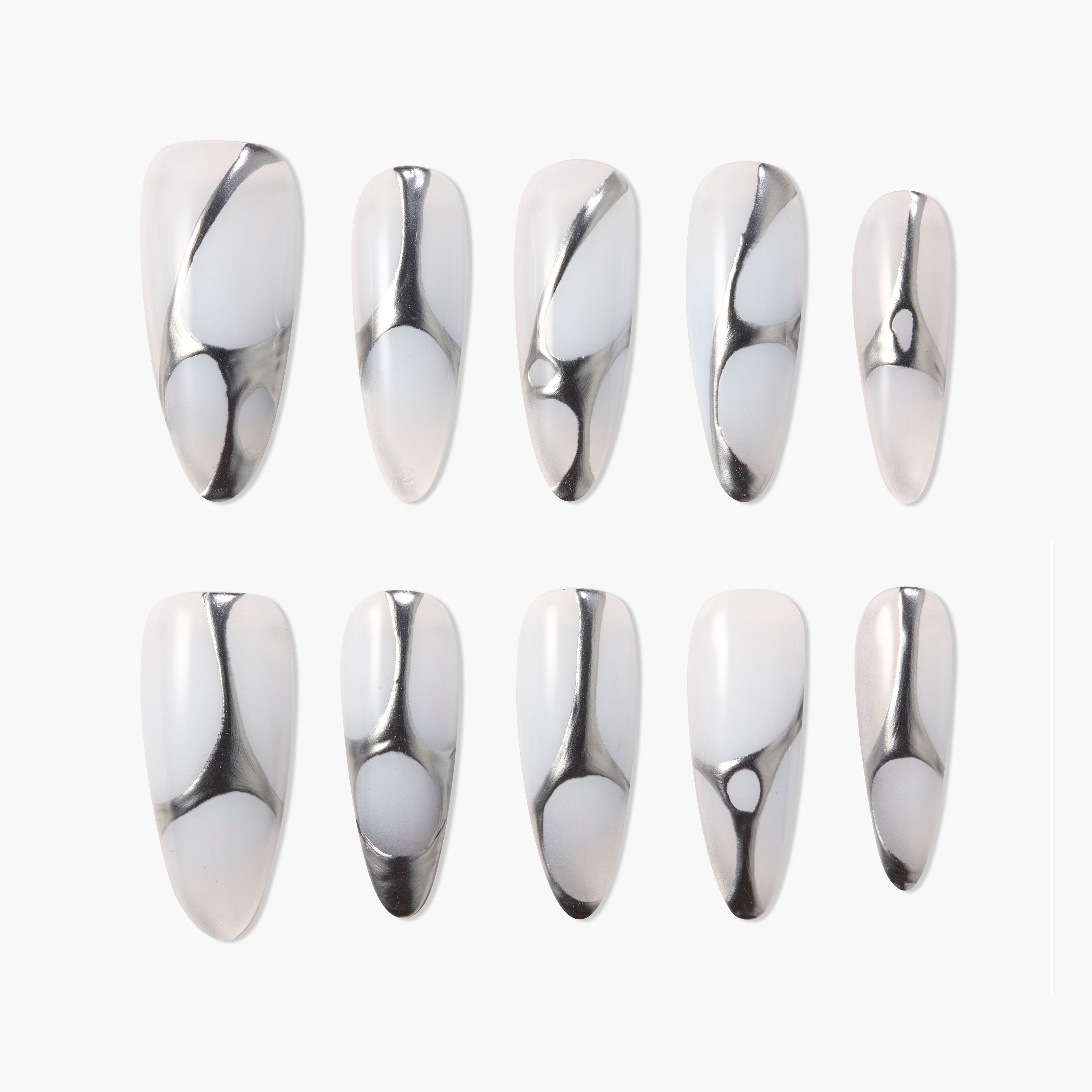 Set of 10 white and silver abstract patterned press-on nails on white background