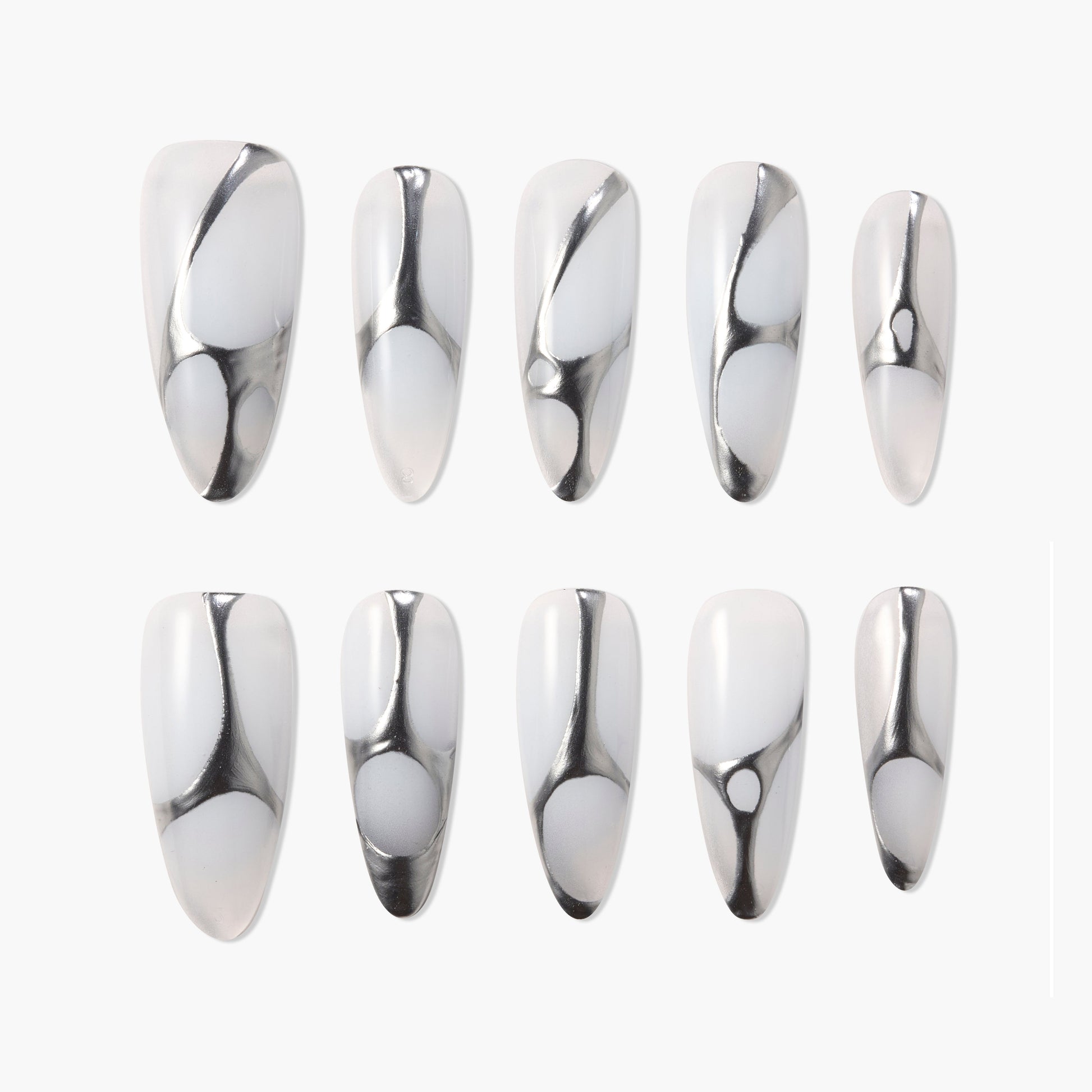 Set of 10 white and silver abstract patterned press-on nails on white background