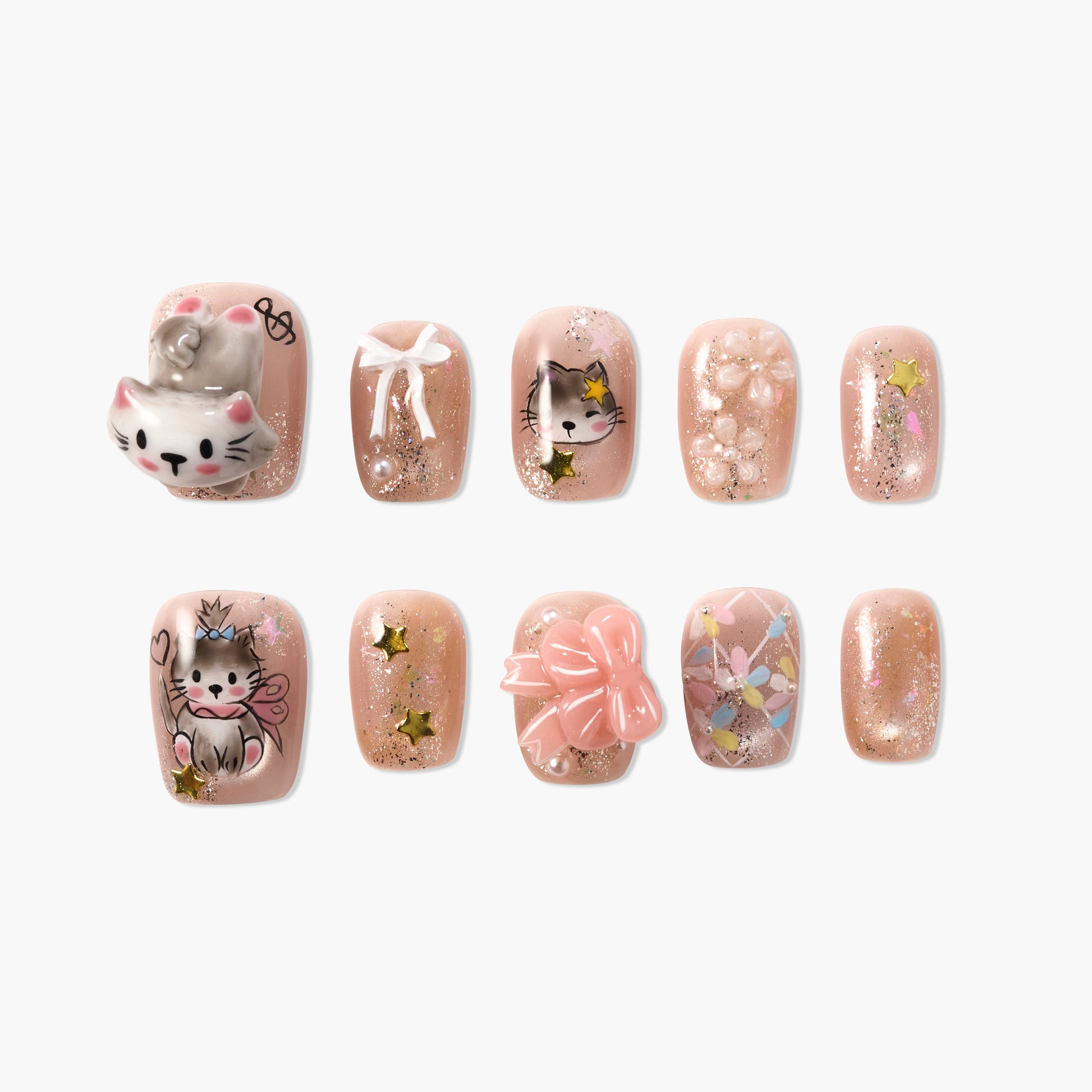Set of pink glossy press-on nails with 3D cat designs, bows, pearls, and gold star accents