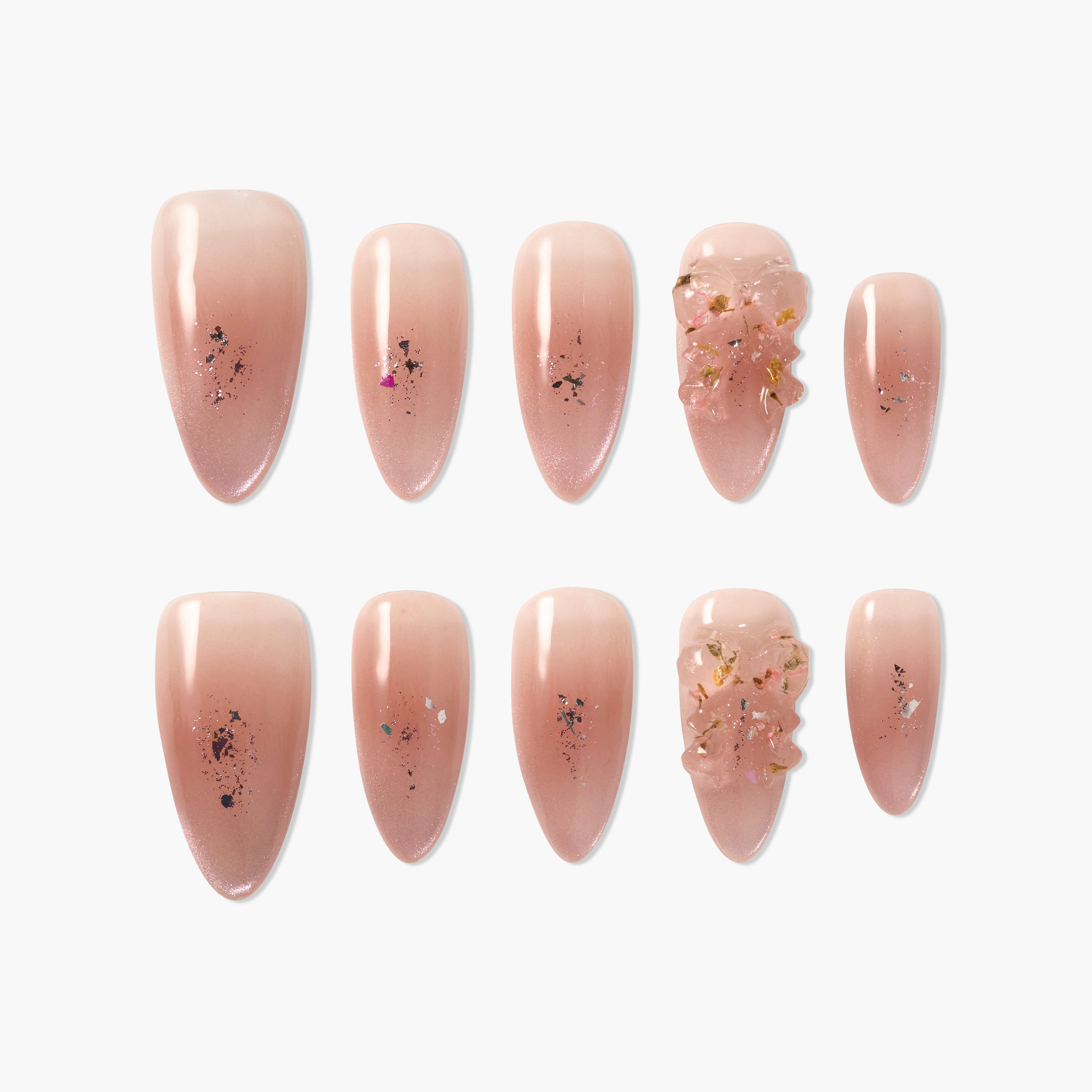 Set of glossy nude pink press on nails with glitter and textured floral accent designs