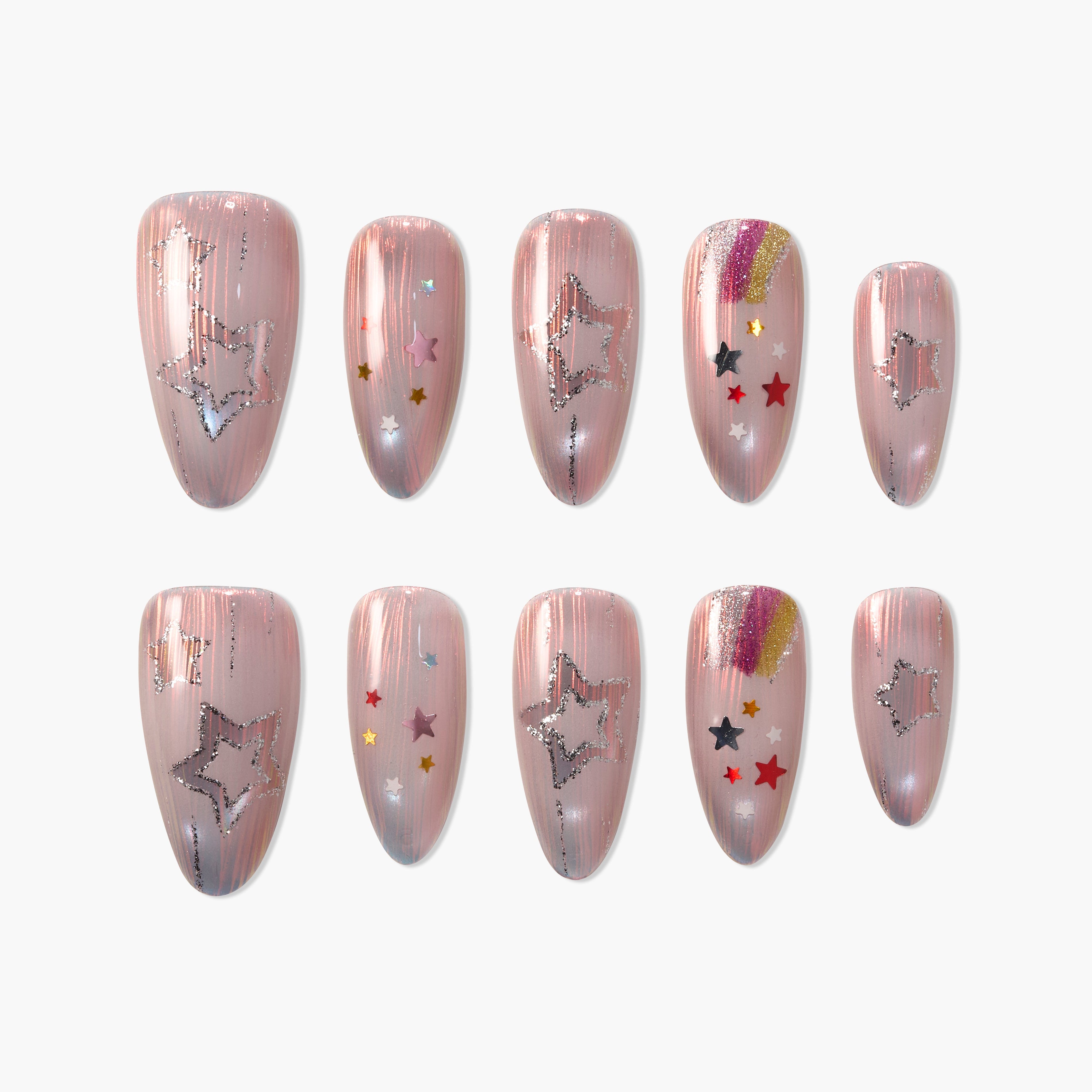 Set of 10 pink press-on nails with silver star outlines, colorful star decals, and glitter accents
