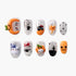 Halloween themed press-on nails with pumpkin, cat, spider, ghost, haunted house, and polka dot designs