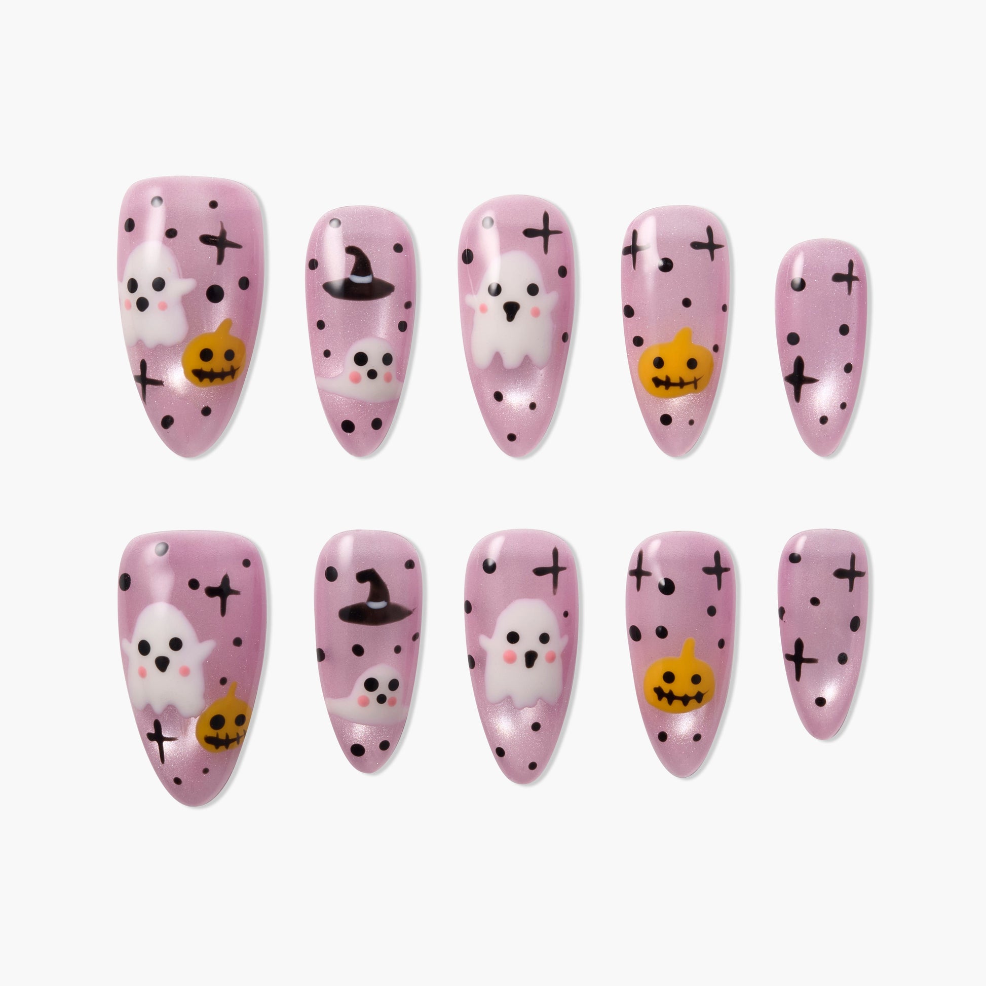Halloween-themed press on nails with pink base, ghosts, pumpkins, witch hats, and black dots