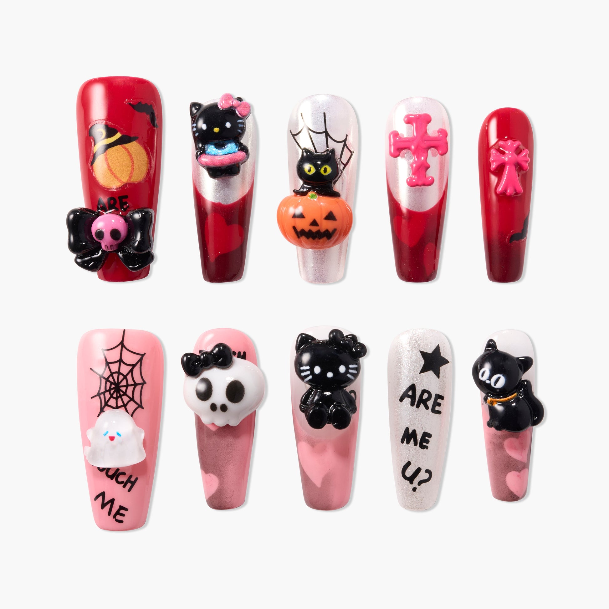 Halloween-themed press on nails with black cats, pumpkins, spider webs, skulls, and crosses in red, pink, and white colors