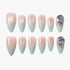 Set of 12 ombre press-on nails with pink to light blue gradient and rhinestone accents
