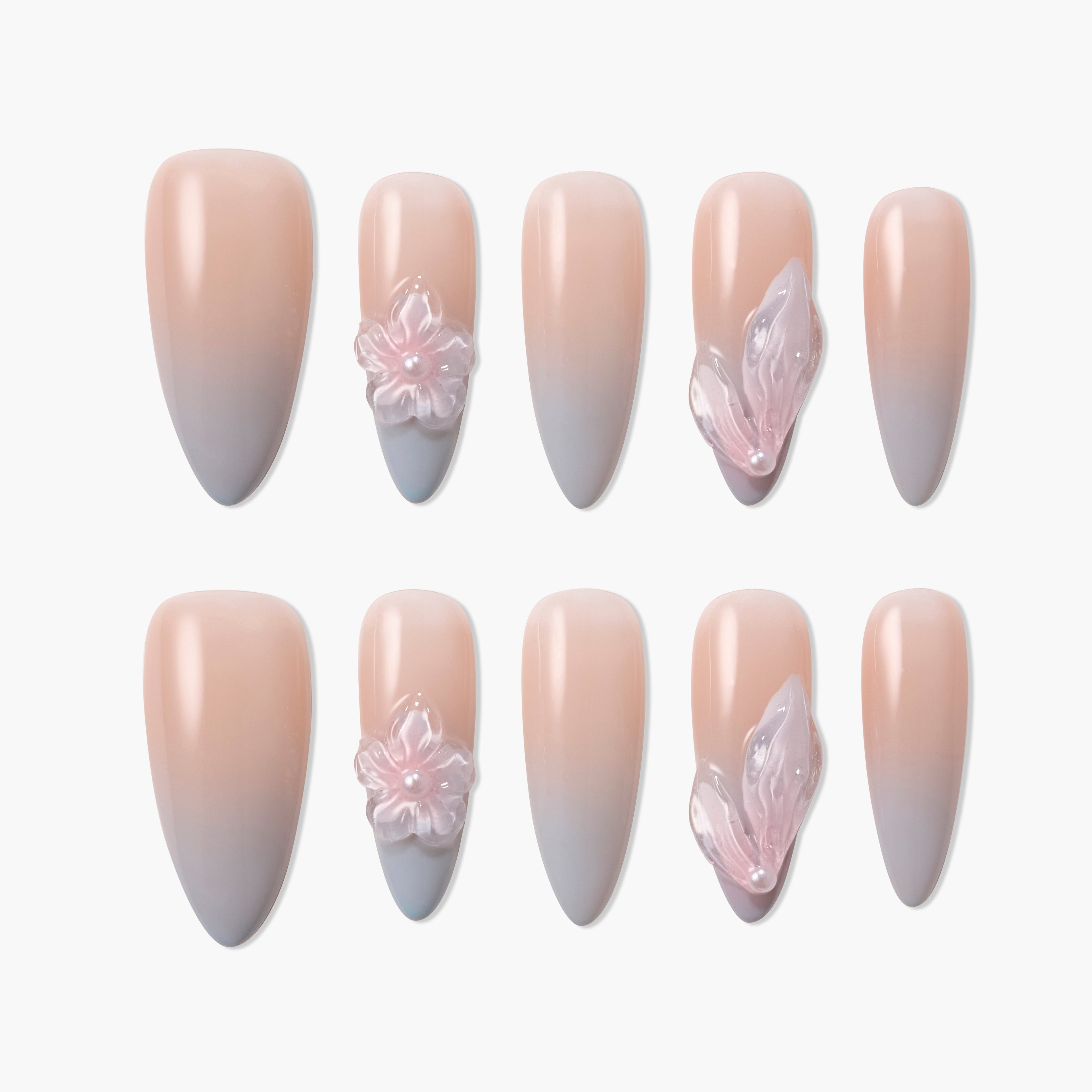 Set of ombre nude to gray press-on nails with 3D pink floral and leaf accents