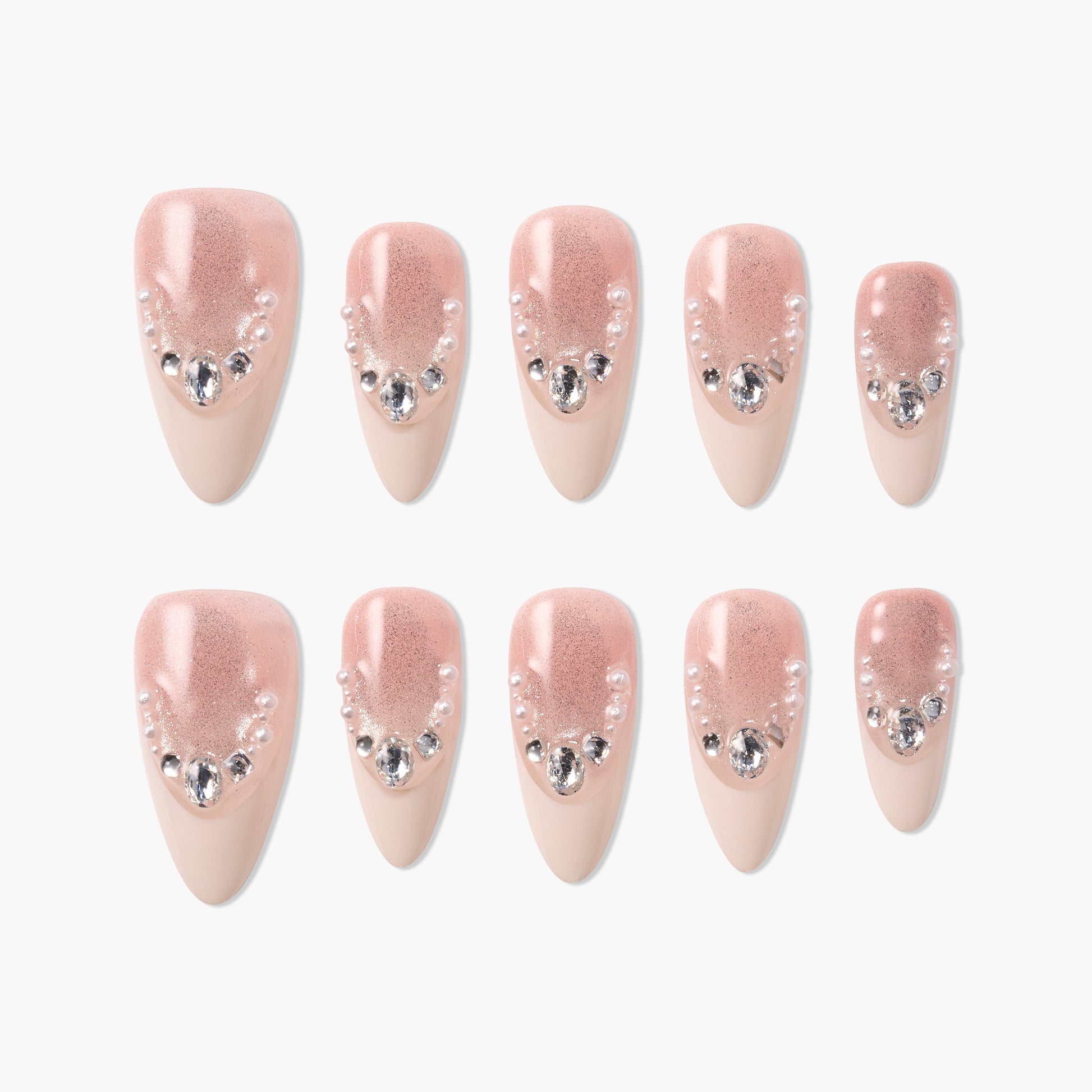 Set of 10 pink glitter press-on nails with pearl and rhinestone embellishments