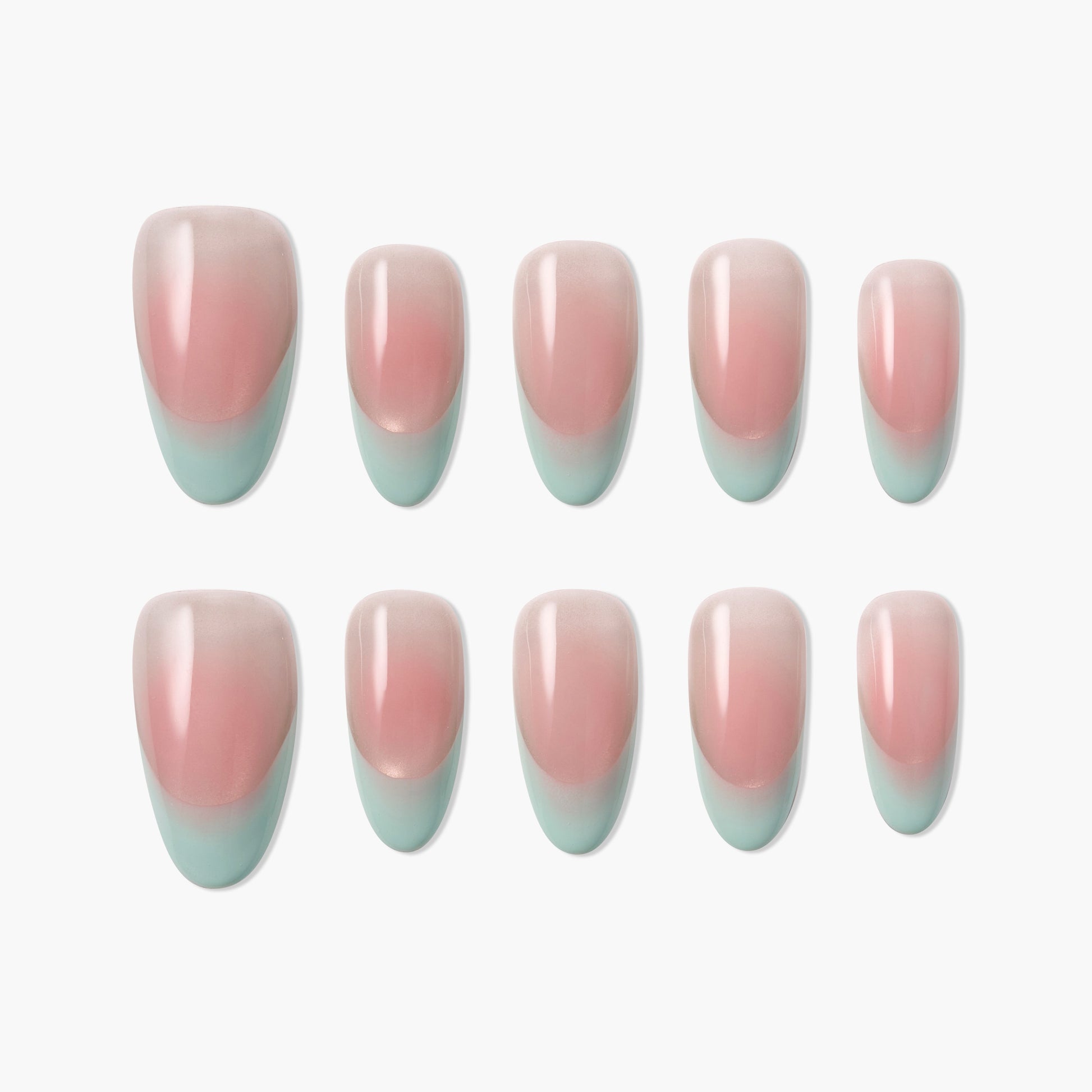 Set of pink and turquoise ombre press-on nails, glossy finish, various sizes, white background