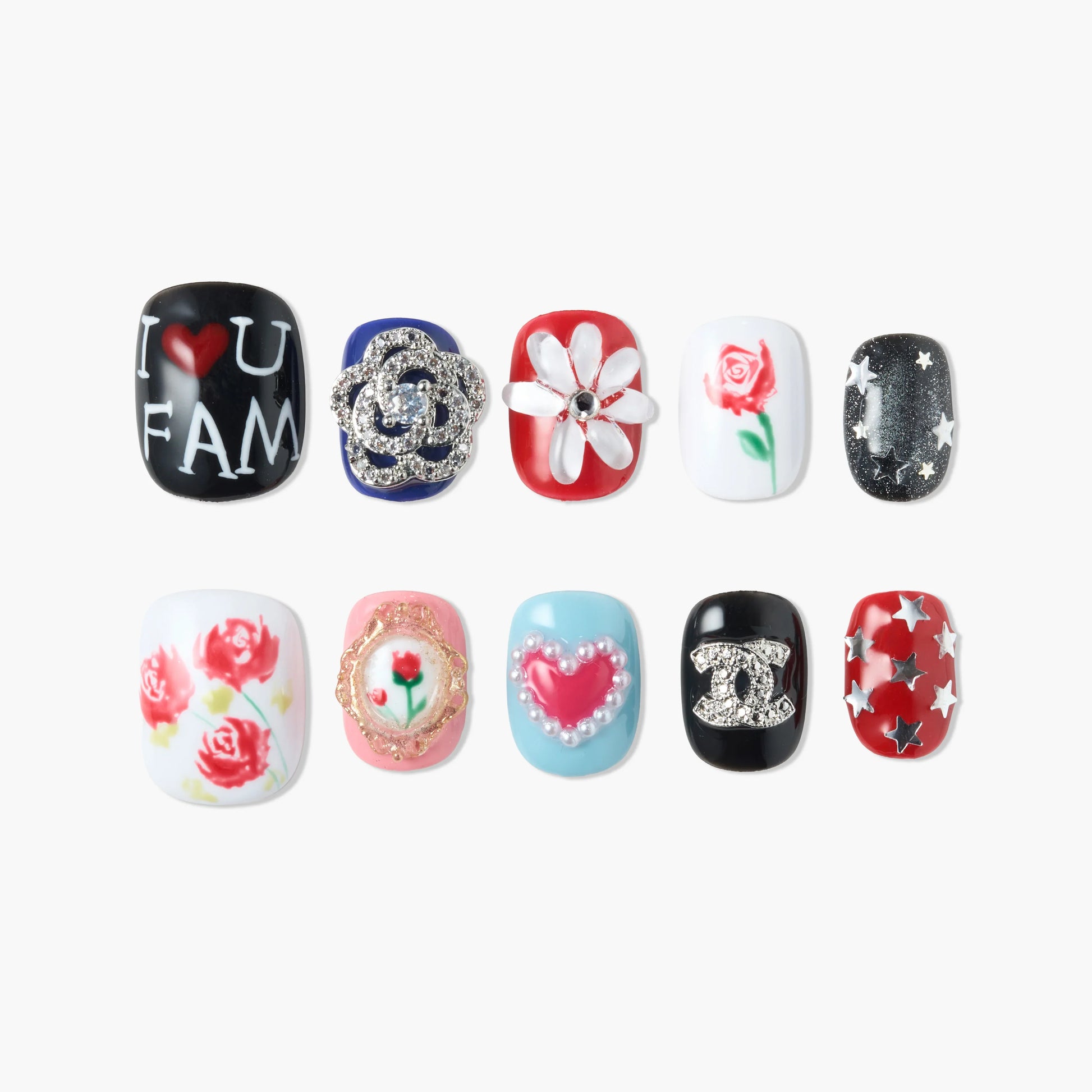 Handmade press-on nails with floral, heart, and star designs in assorted colors