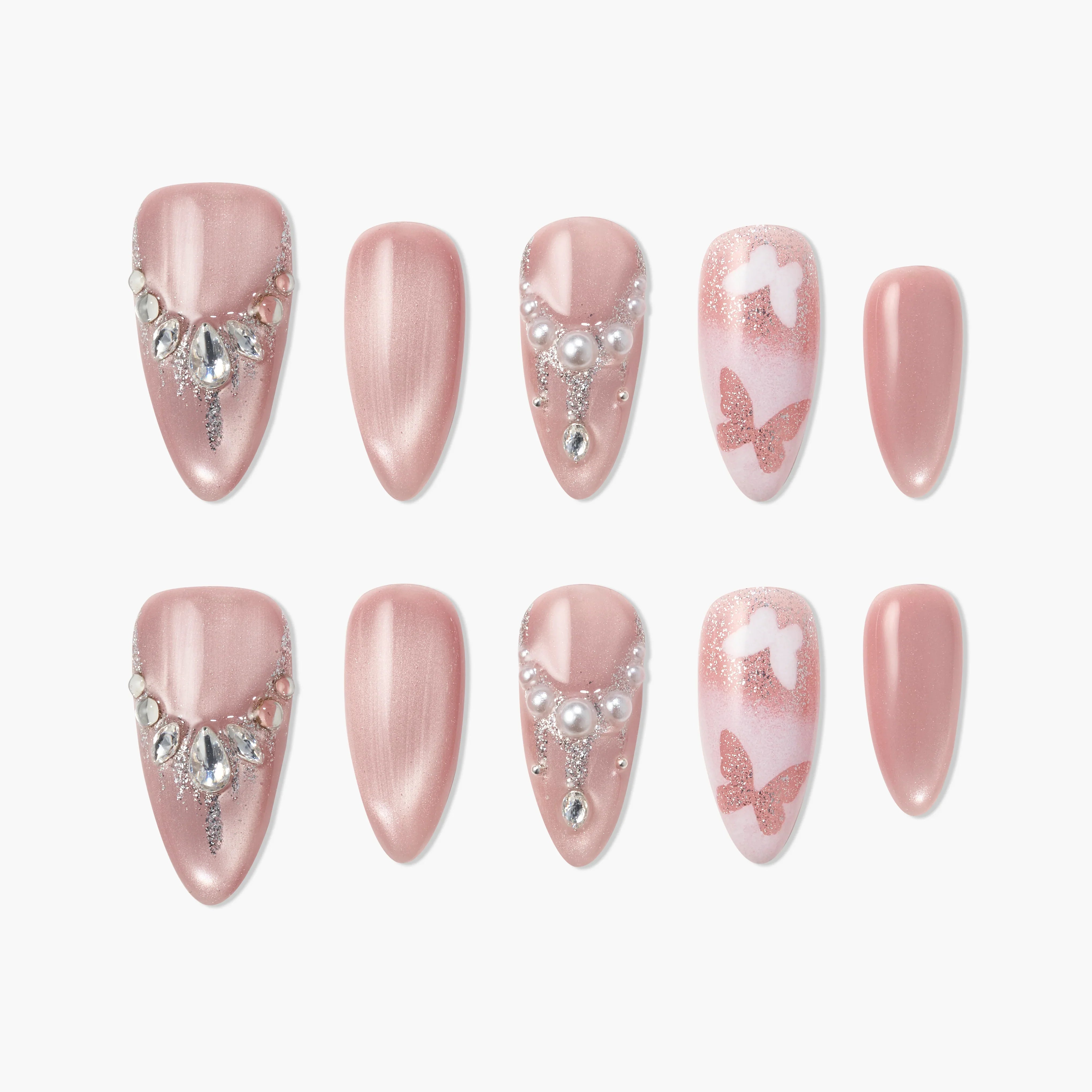 Butterfly Whisper pink press-on nails with pearls and rhinestones