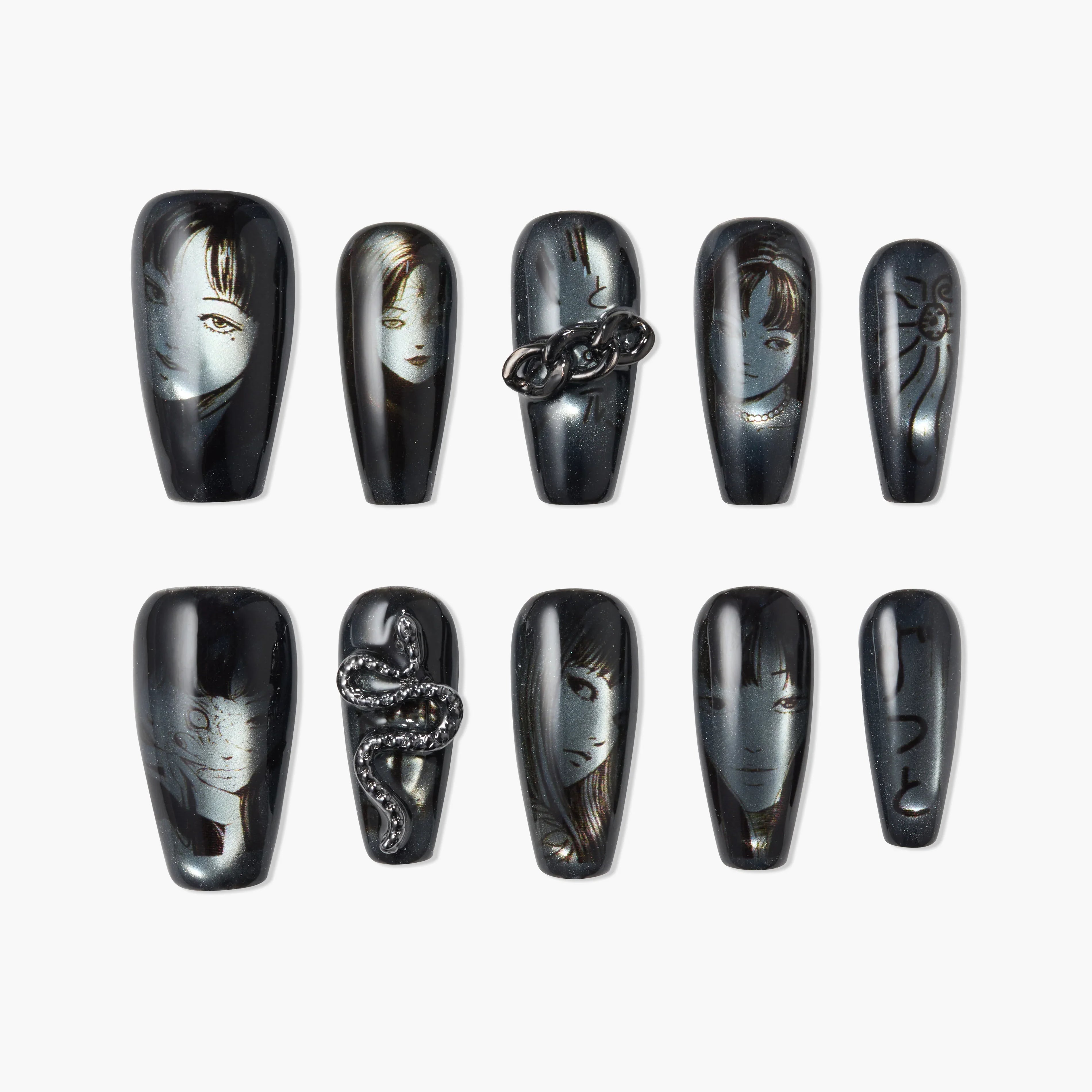 Handmade press-on nails with black chrome finish, anime-inspired face art, and 3D snake accents