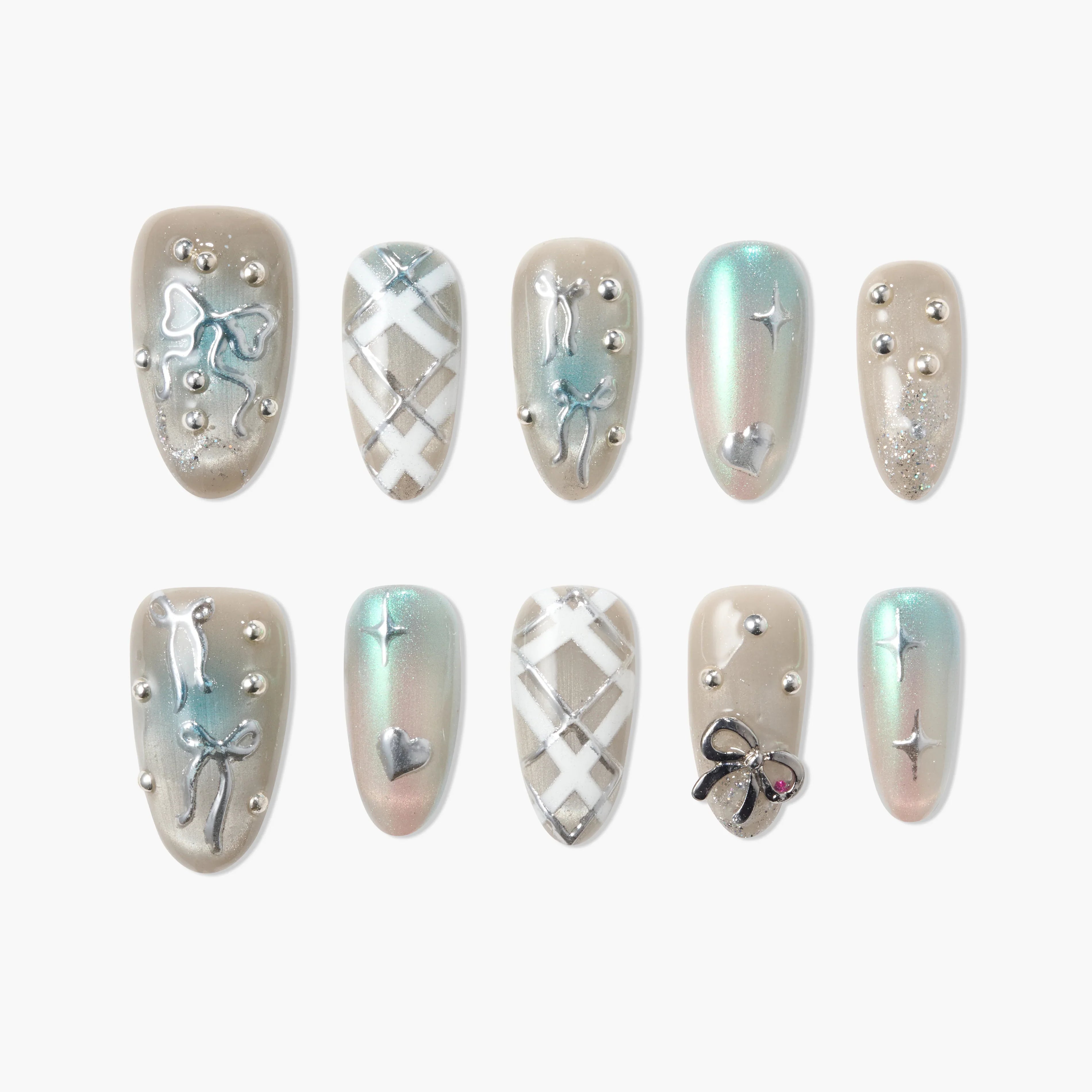 Handmade press-on nails with bow, plaid, metallic studs, and iridescent pastel accents