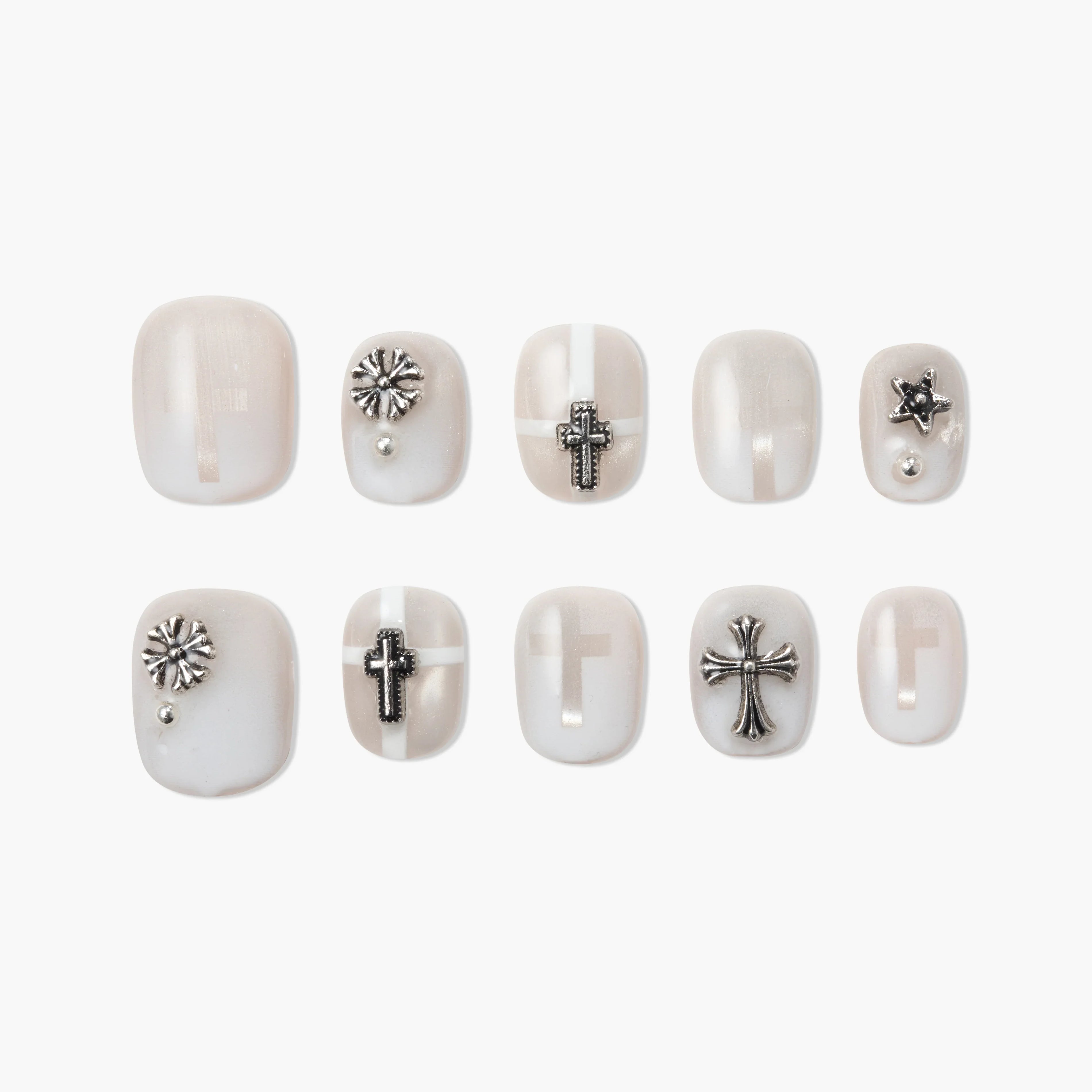 Handmade press-on nails with pearl white finish and silver cross and star accents