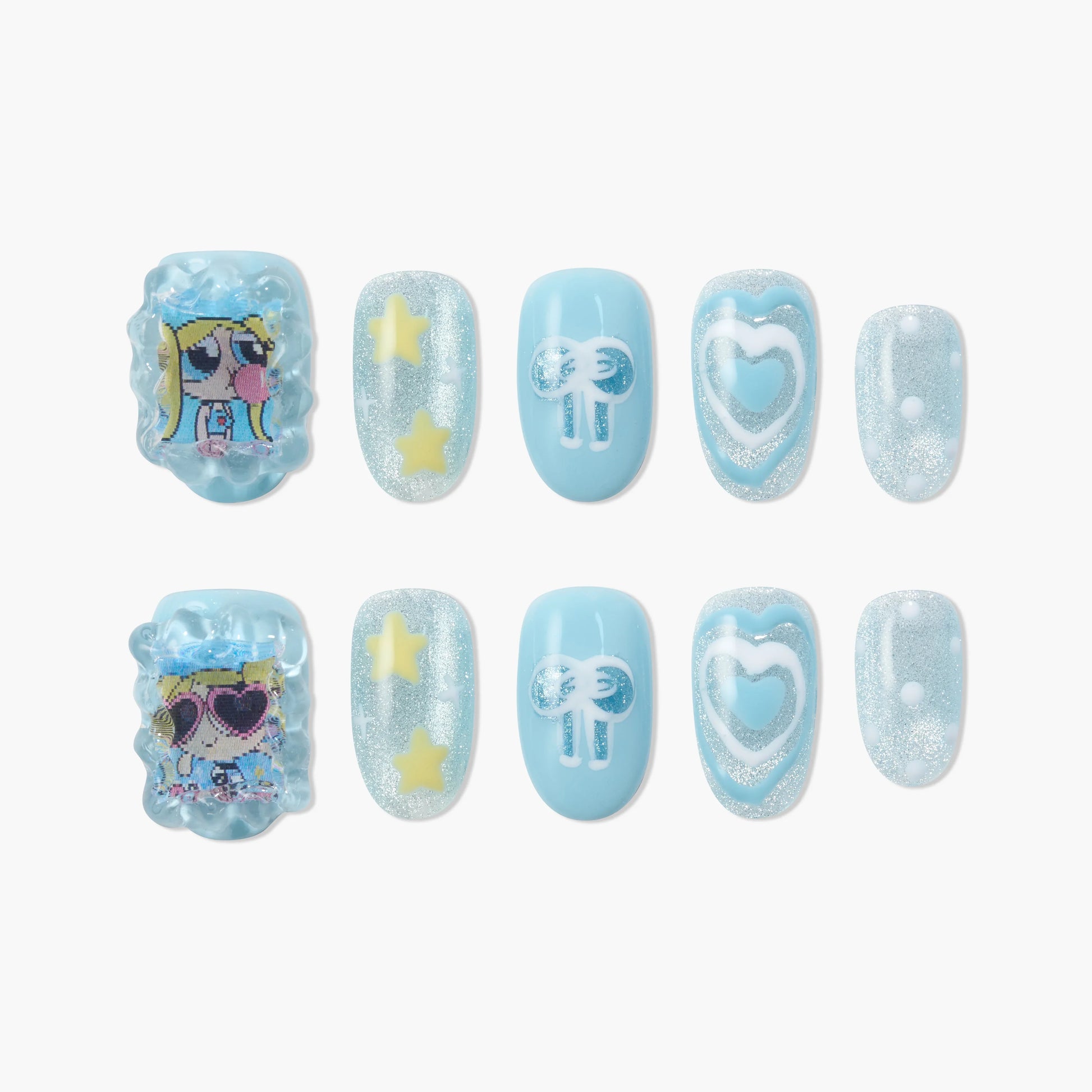 Blue press-on nails with cartoon designs, stars, hearts, and glitter accents