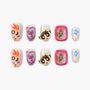 Handmade press-on nails with cartoon characters, hearts, and stars, colorful glitter design