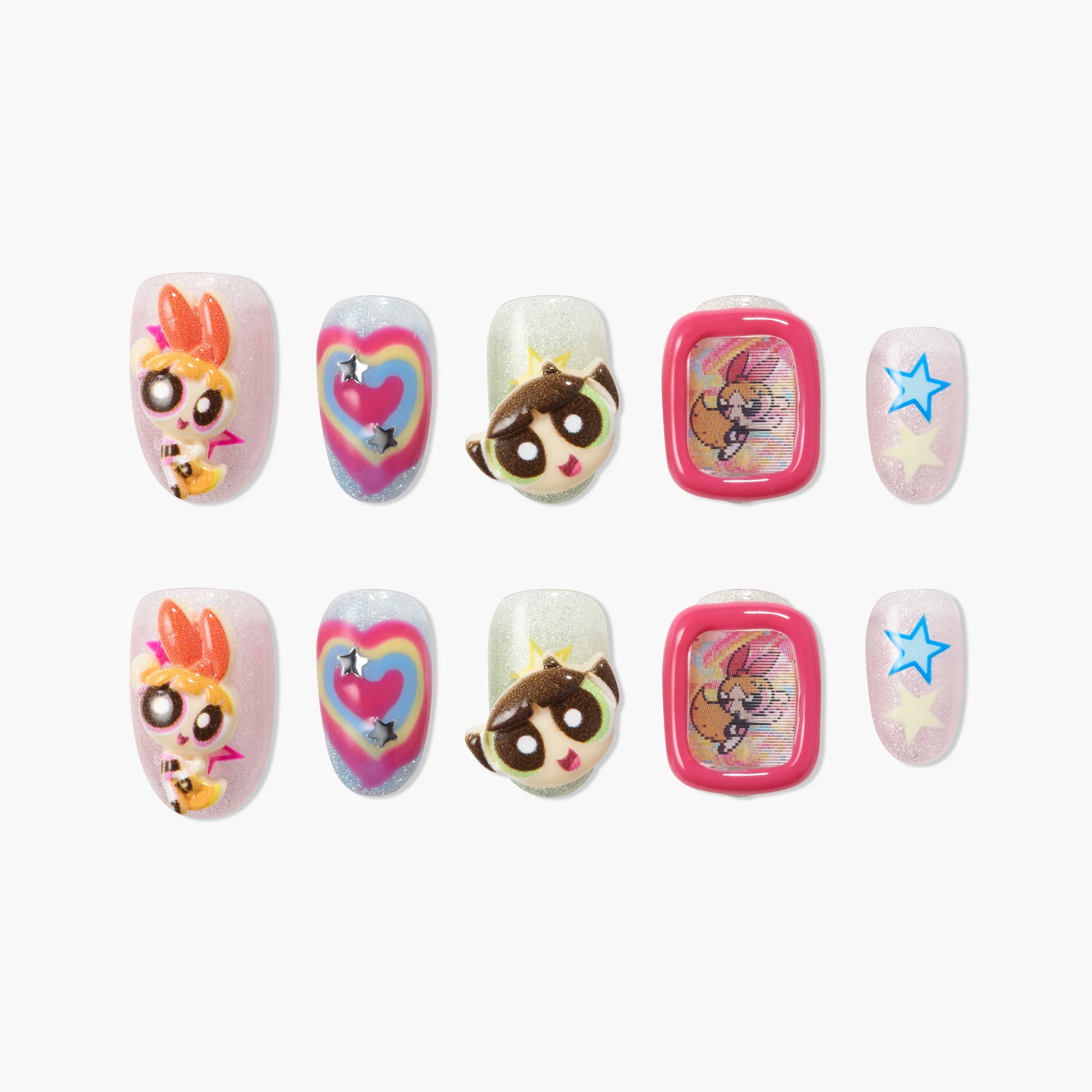 Handmade press-on nails with cartoon characters, hearts, and stars, colorful glitter design