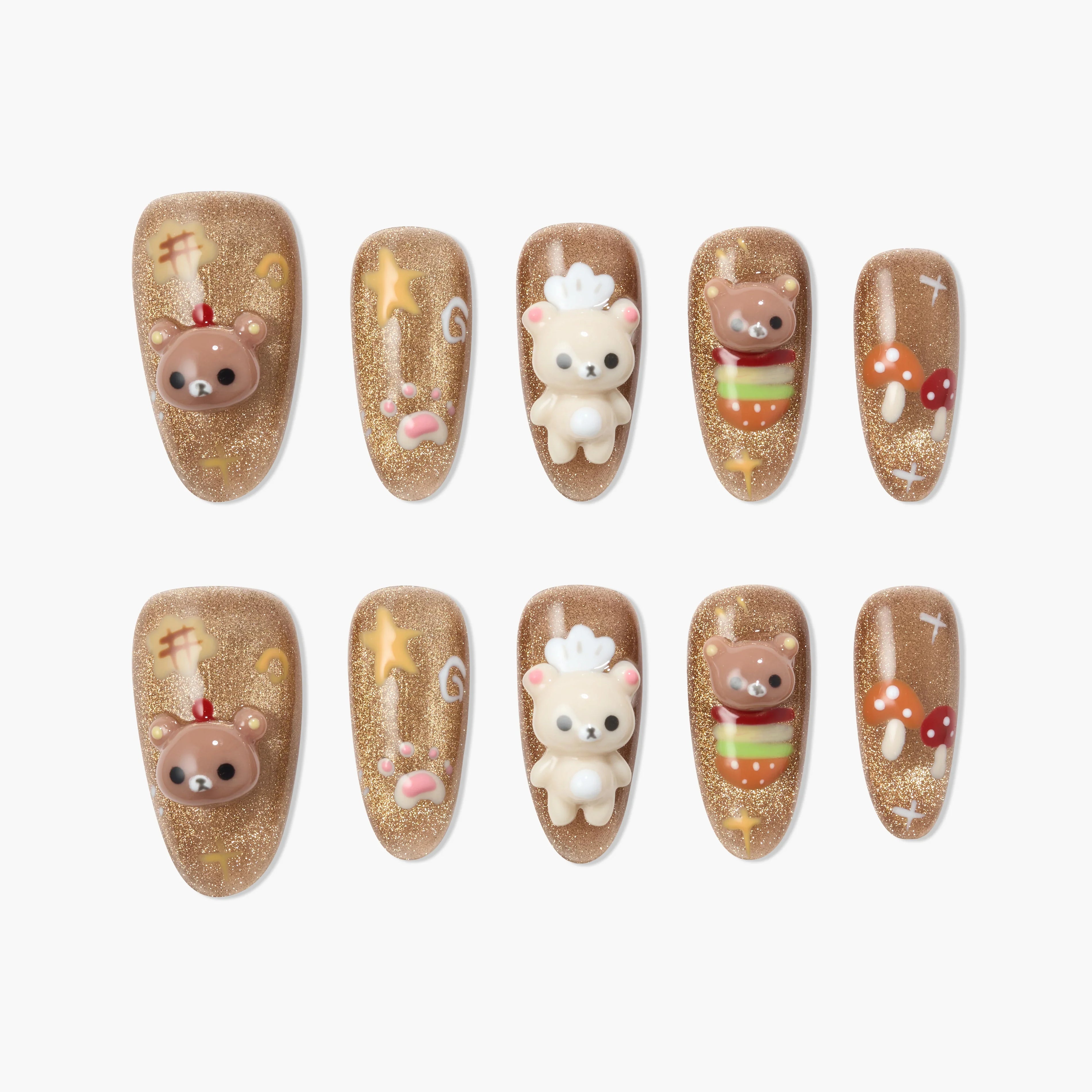 Brown glitter press-on nails with 3D bear, paw, star, and mushroom designs, cute nail art set.