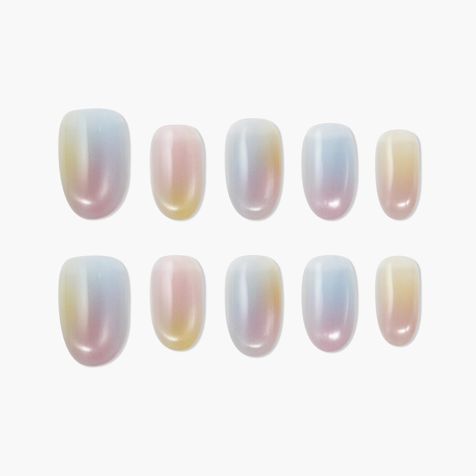 Handmade press-on nails with pastel iridescent ombre design, glossy finish, set of ten