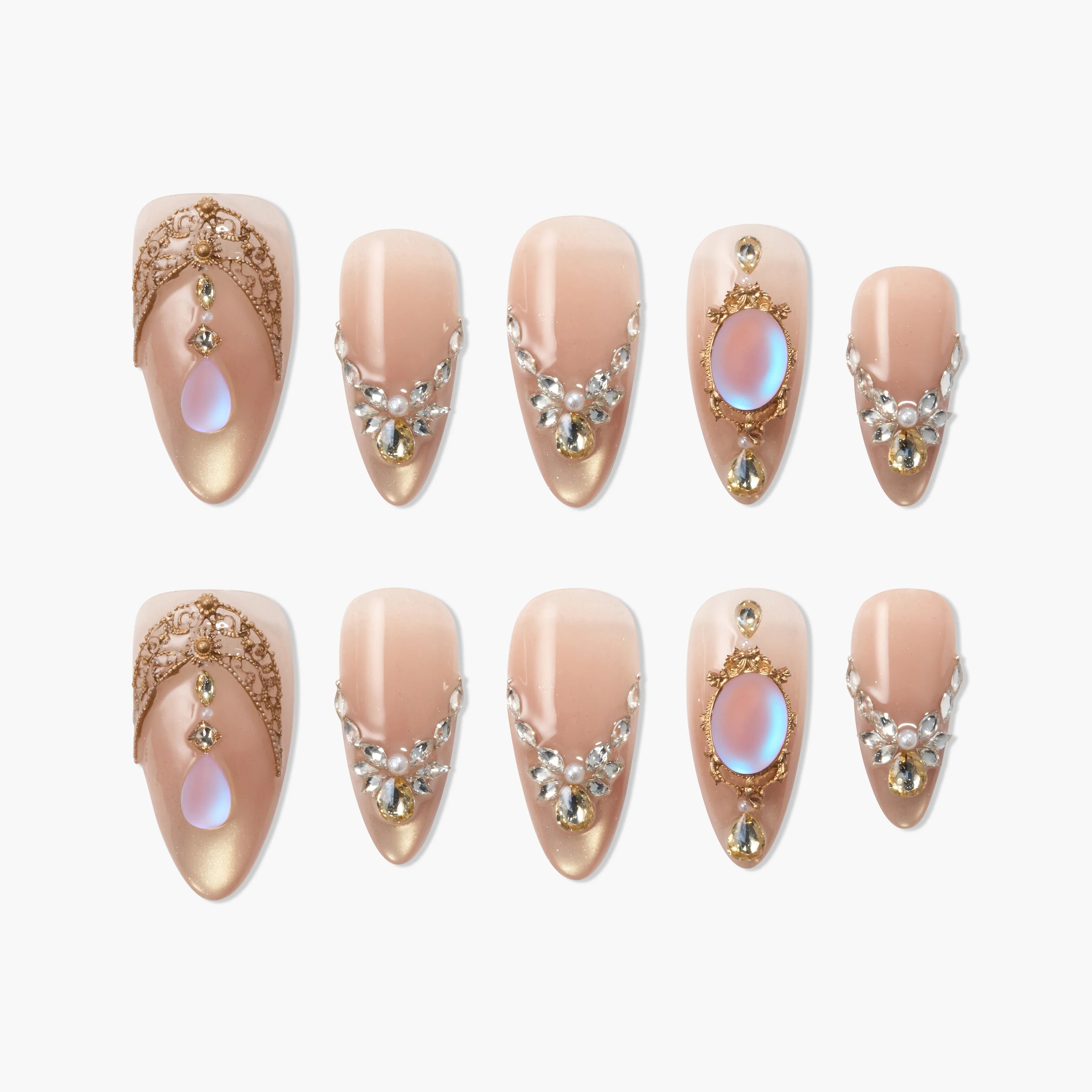 Elegant nude press-on nails with gold, gem, pearl, and opal embellishments in ornate designs.