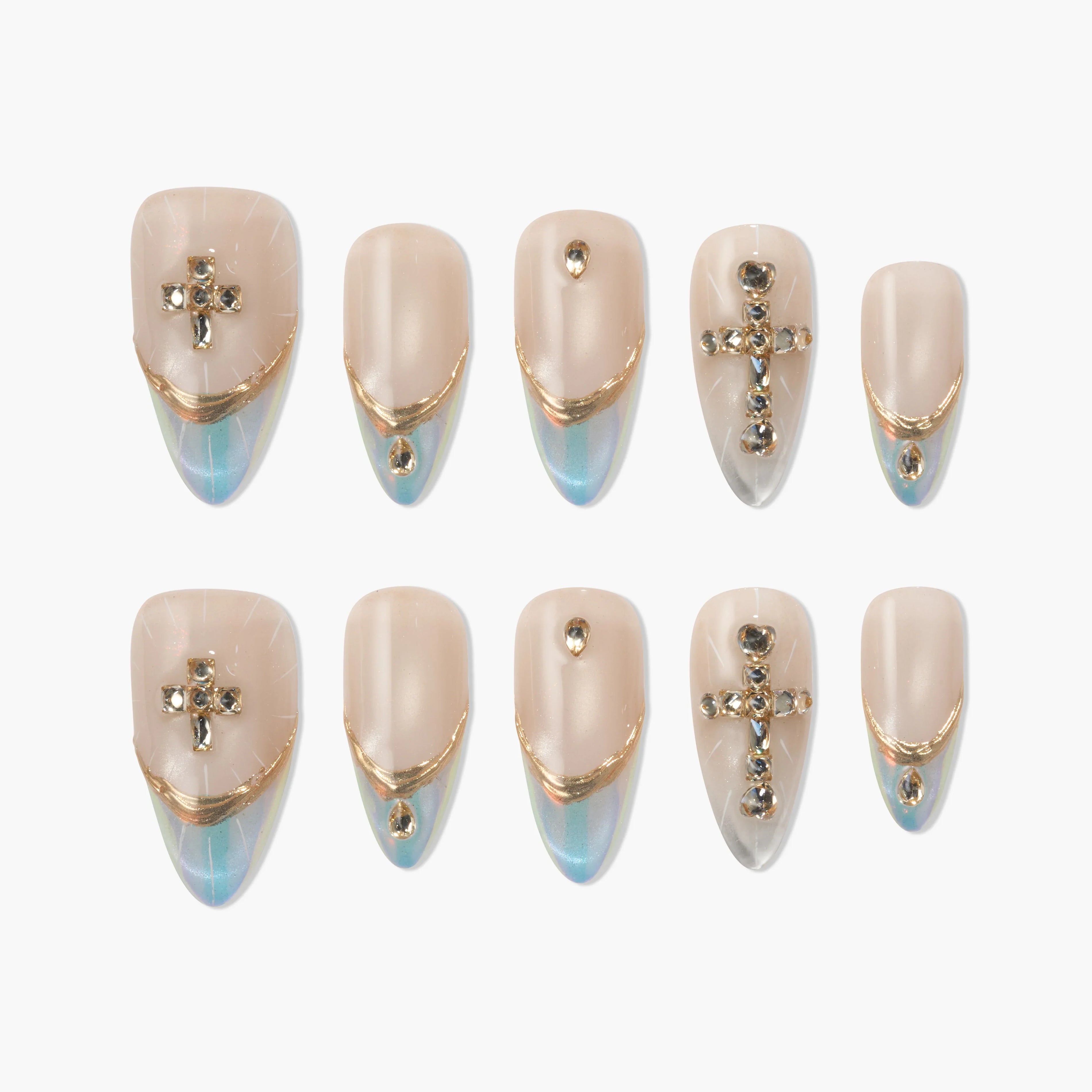 Beige and blue press-on nails with gold accents and rhinestone cross designs, set of ten