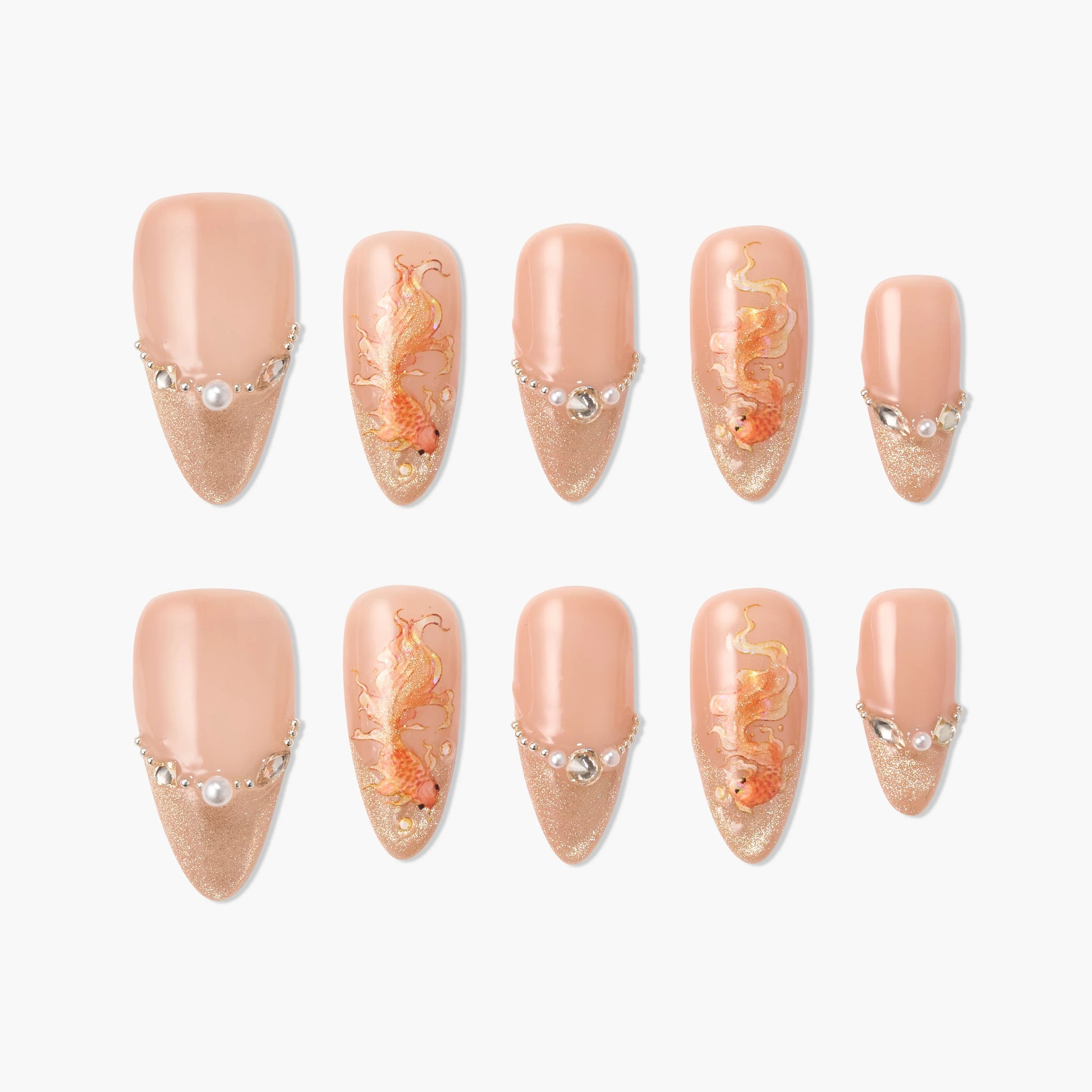 Handmade press-on nails with nude base, gold glitter tips, pearl accents, and orange floral art.