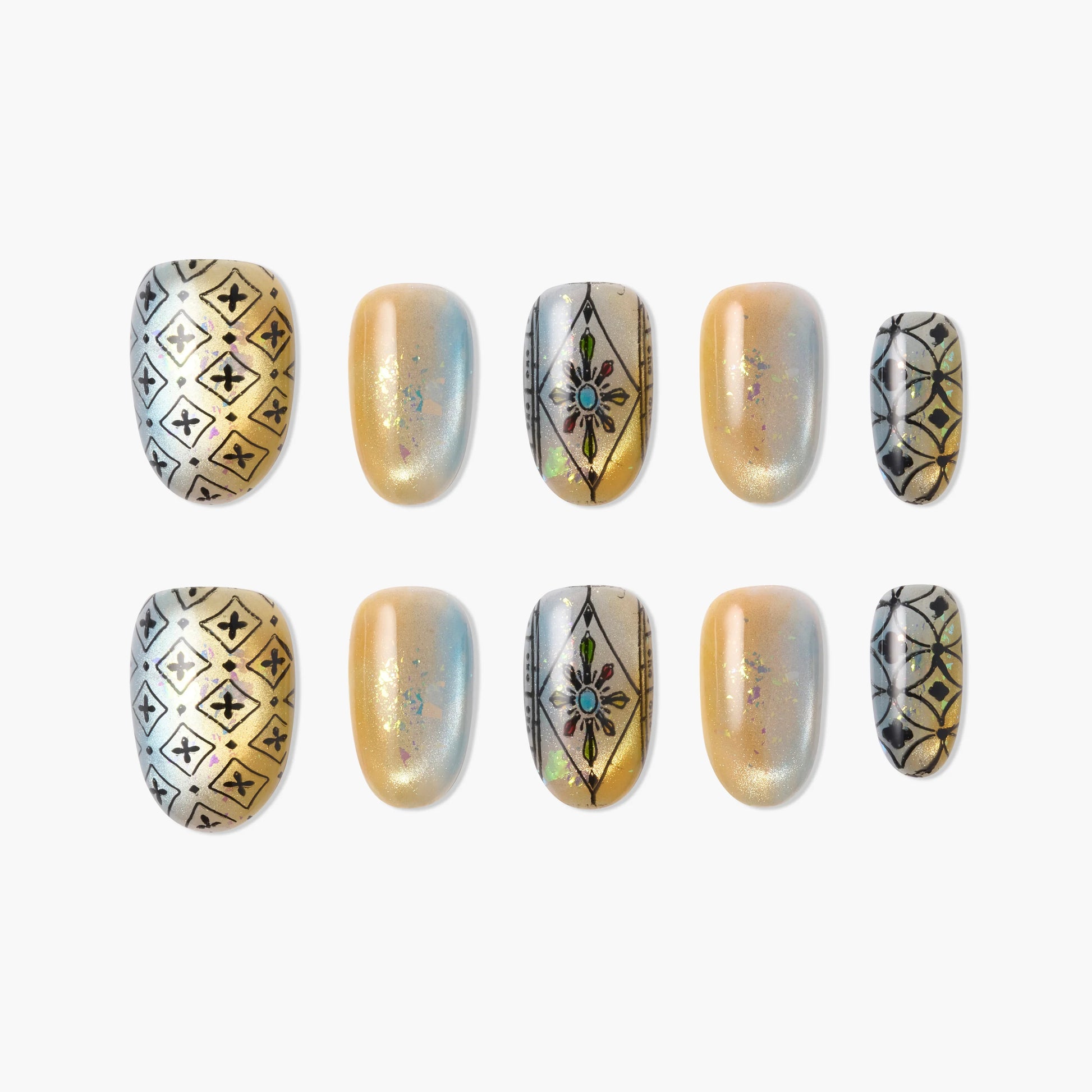 Handmade press-on nails in gold with geometric and floral designs, iridescent shimmer finish