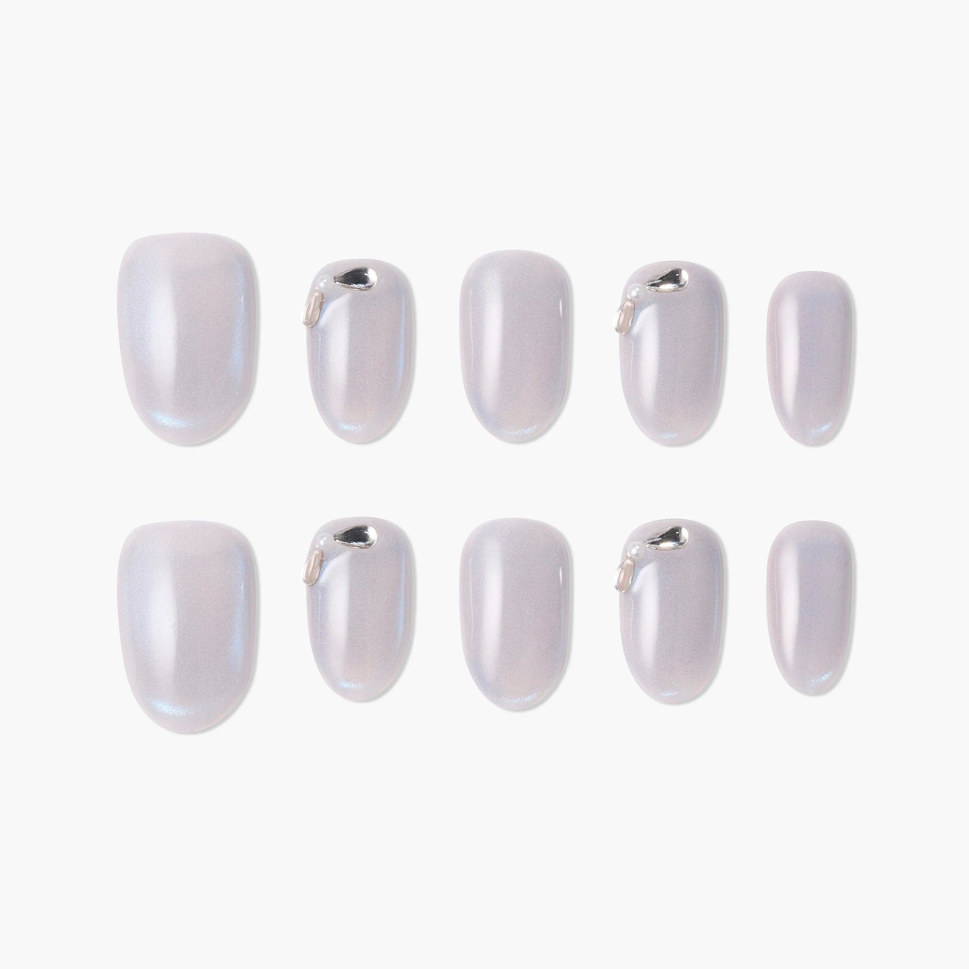 Handmade iridescent press-on nails set with pearl and metallic accents, neutral gray tones
