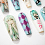 Set of artificial nails with anime character and purple-blue diamond pattern with rhinestones