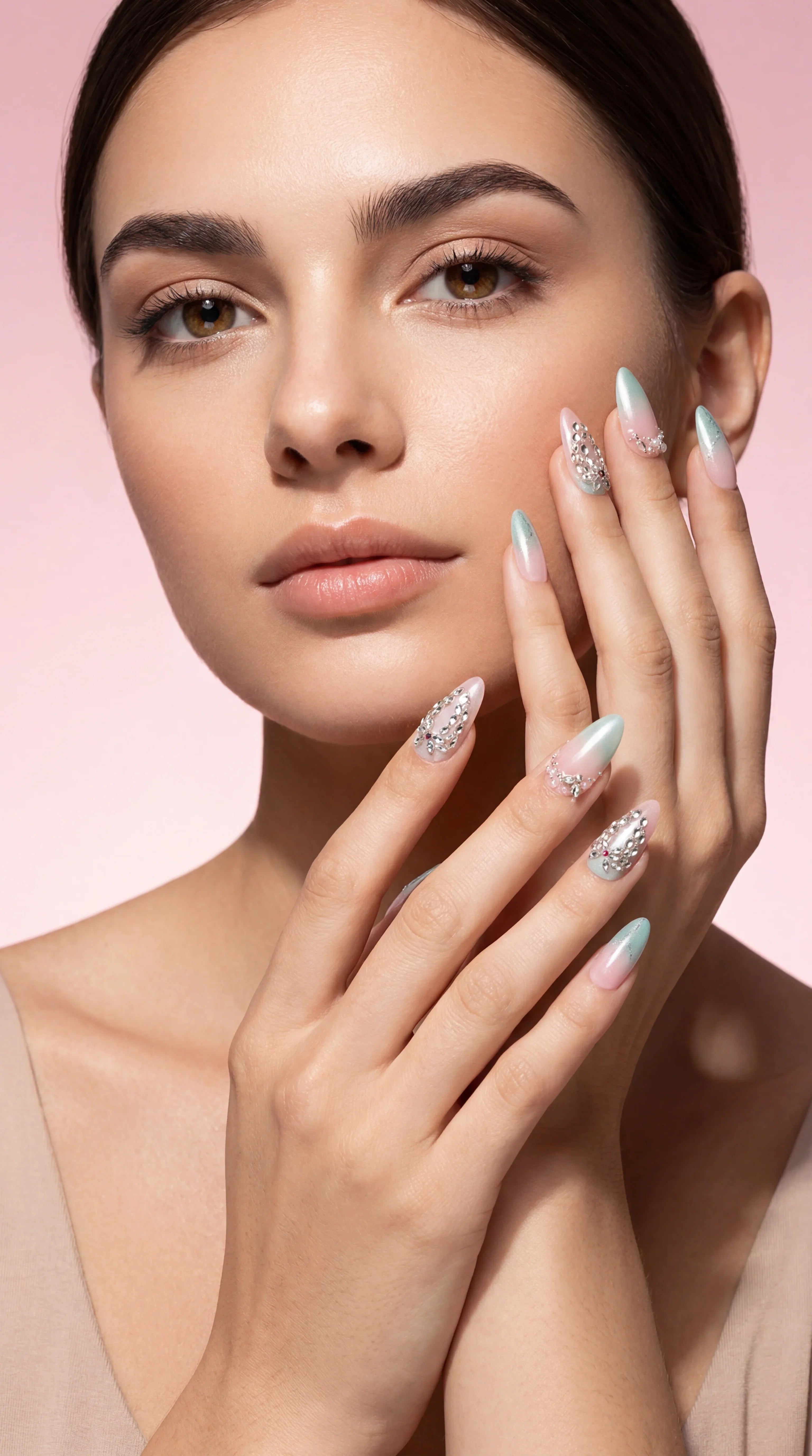 Elegant press-on nails with pastel ombre and rhinestone accents, showcasing salon-quality, reusable nail art for effortless beauty.